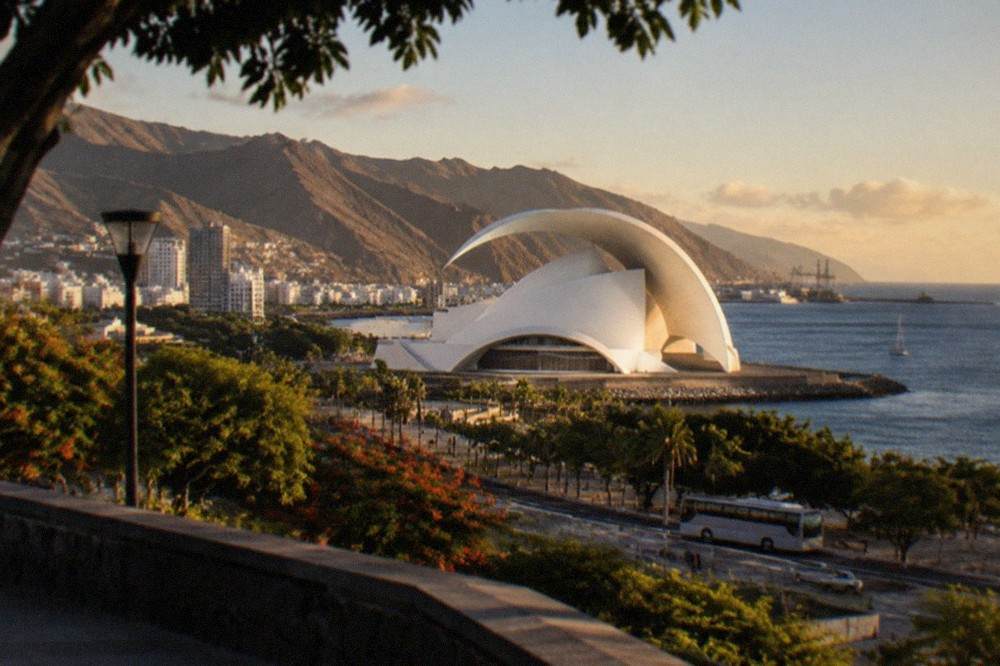The white curved roof of the Auditorio de Tenerife beside the sea in Santa Cruz