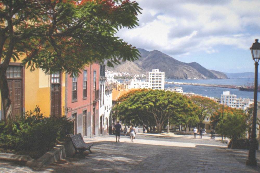 A pedestrian street with colourful buildings in the historic centre of Santa Cruz de Tenerife
