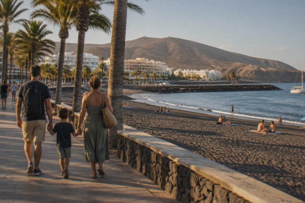 A family walking along a palm-lined promenade beside a calm swimming beach in south Tenerife