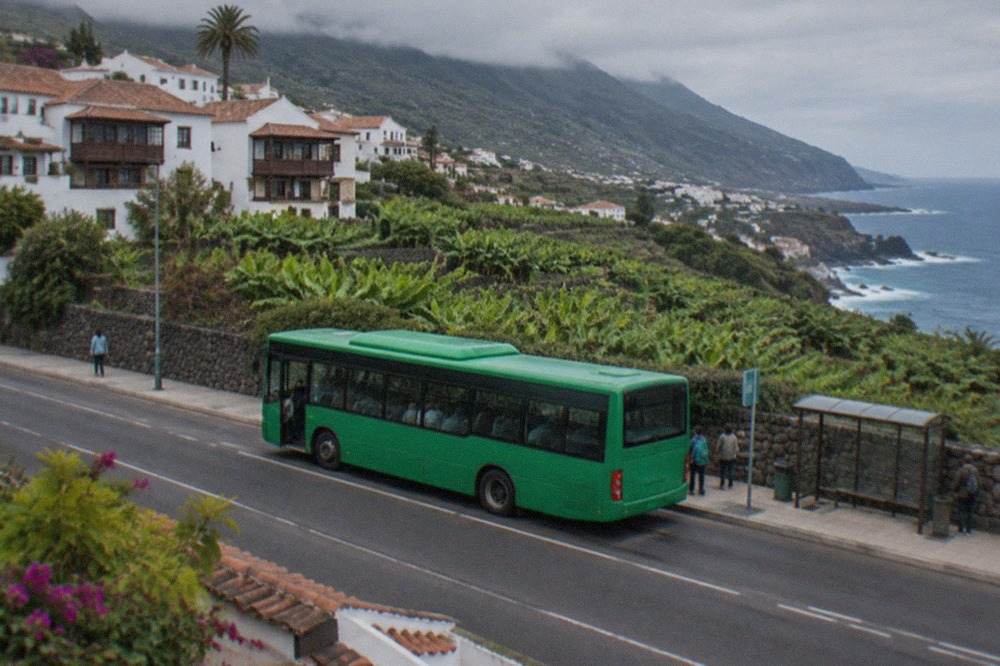 A green island bus at a stop on a coastal road in Tenerife with hills behind