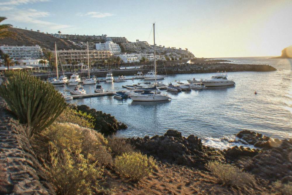 A small harbour with moored boats and apartment buildings on the hillside behind