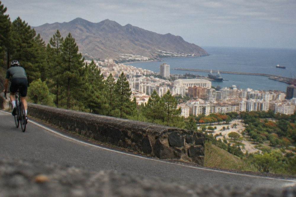 A road bicycle climbing a winding mountain road above pine forest on Tenerife