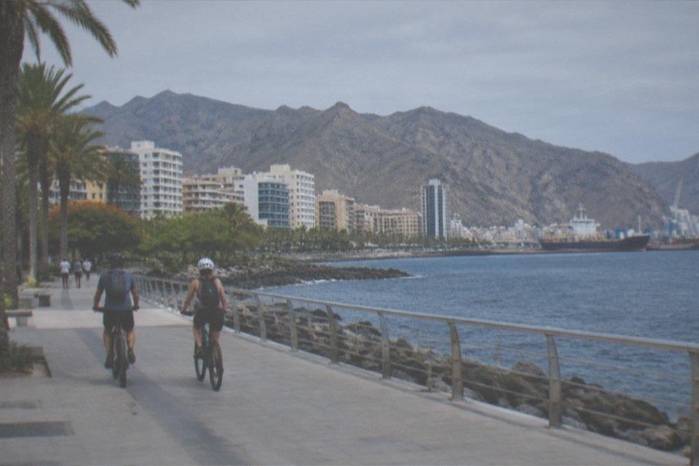 Two cyclists on a seafront path with hotels and palm trees behind them