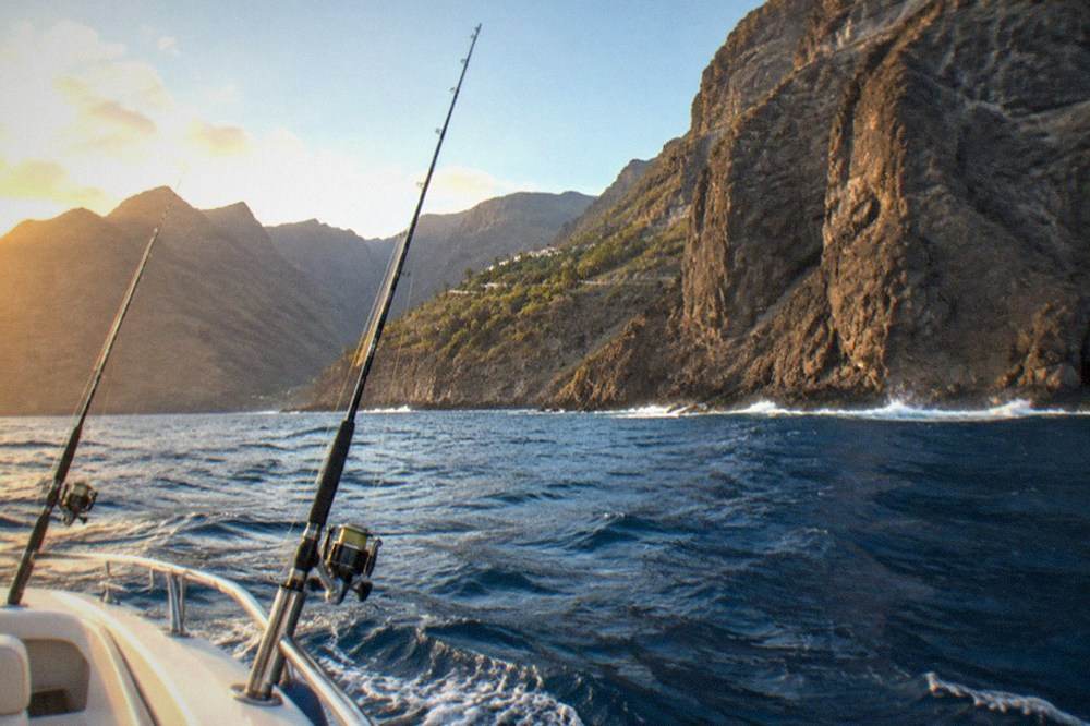 Fishing rods in holders on the deck of a small boat with a rocky coastline behind