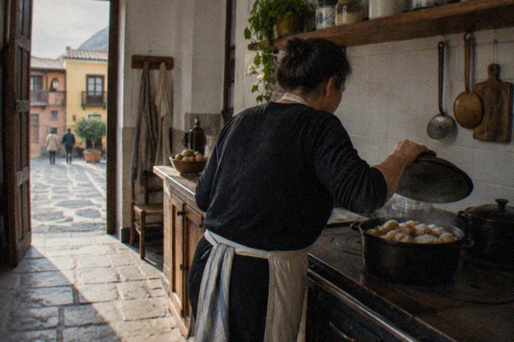 A cook lifting the lid from a pot of small salt-crusted potatoes on a rustic kitchen stove