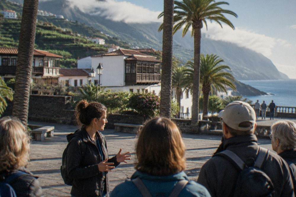 A guide speaking to a small group of visitors in a palm-lined square in Puerto de la Cruz