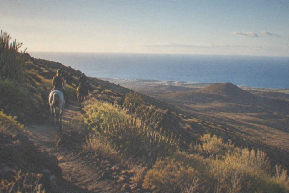 Two horses with riders crossing a sunlit ridge path with the Atlantic horizon in the distance