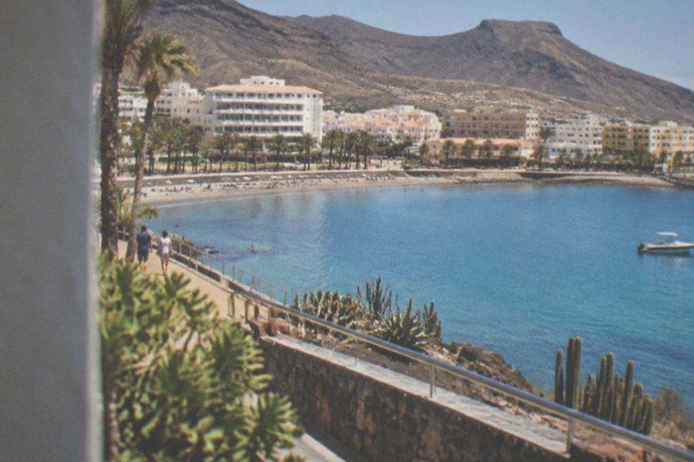 Calm turquoise bay water with a palm-fringed promenade along the shore