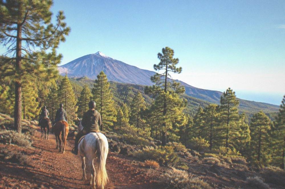 Riders in helmets and dust jackets crossing a red volcanic gravel plain