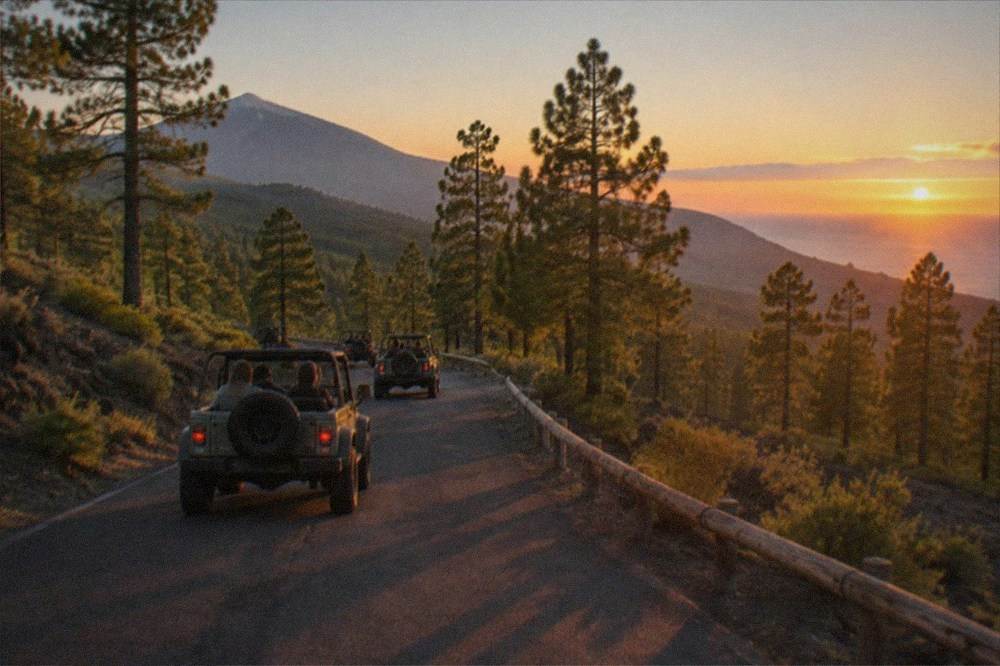 A sunset convoy of quigs returning along a mountain road toward the coast