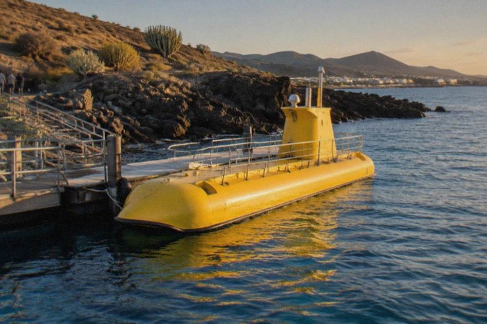 A yellow submarine floating on calm blue water beside a small dock
