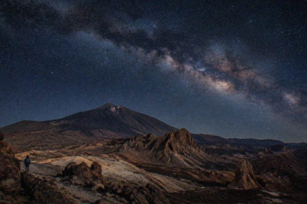 The Milky Way arching over the dark silhouette of the Teide volcanic ridge at night