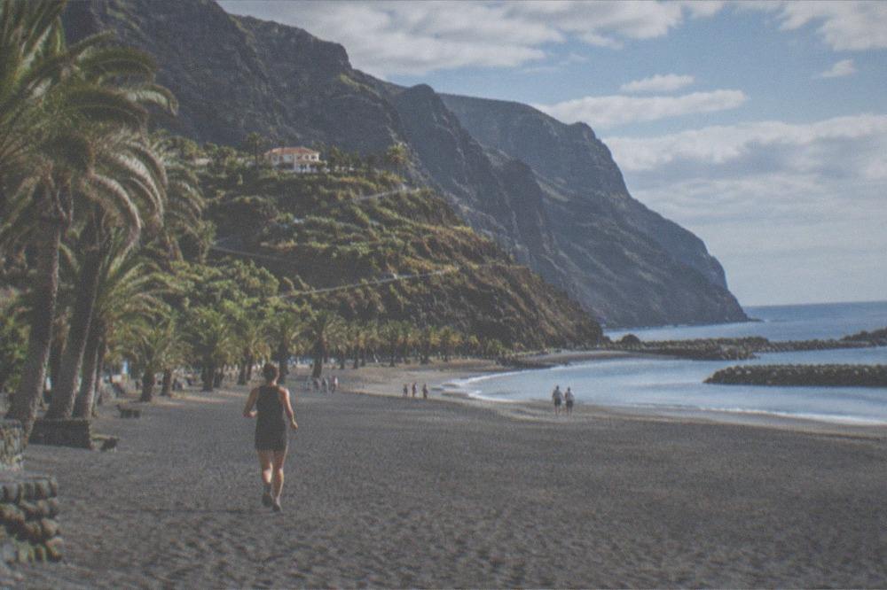 A wide grey sandy beach lined with palm trees and calm water behind stone breakwaters