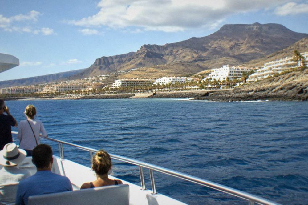 Tourists on a boat deck looking out toward the Tenerife coastline on a sunny day