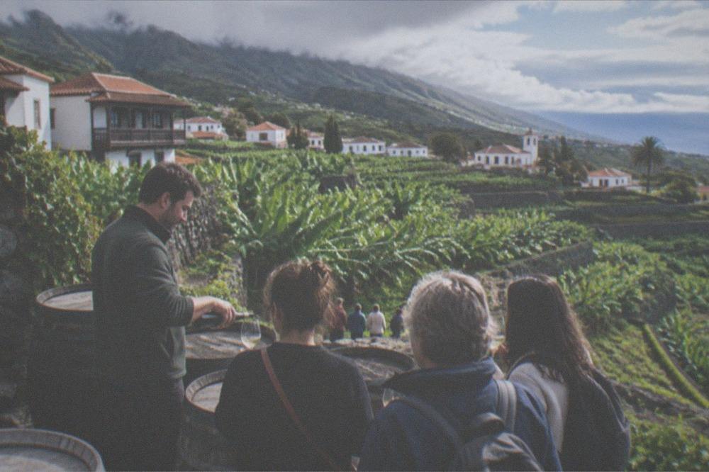 A guide pouring wine for a small group standing among barrels